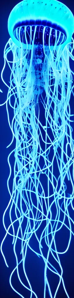 Image similar to a deep sea translucent bioluminescent jellyfish glowing indigo, black backgroud, hyperrealistic, extremely detailed, 8 k underwater photography