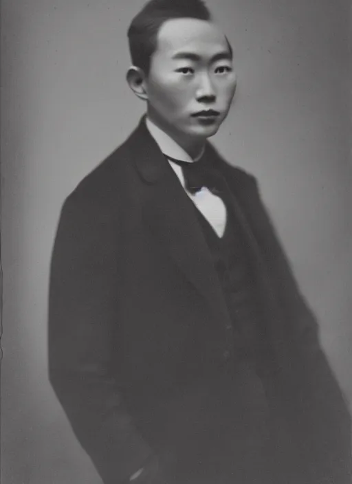 Prompt: a clear black and white photograph of Wu Ningkun, wearing a black suit, front portrait, face brightly lit and highlighted, high contrast, daguerreotype, by Nadar