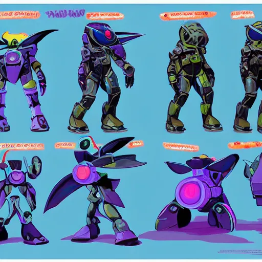 Prompt: character design sheets for an ancient manta ray battle mech flight suit, art by tim shafer from his work on psychonauts 2 by double fine, and inspired by splatoon by nintendo, blacklight