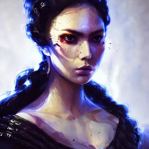 Prompt: a portrait of a young mexican woman, angry, with larvae crawling on skin, wearing an elaborate black dress, in the style of sergeant, artgerm, and ruan jia, blue backlighting, beautiful, trending on artstation, high detail, intricate texture