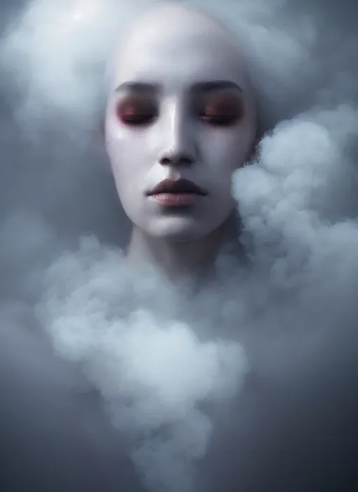 Prompt: an ethereal, smoky portrait of a woman whose face is covered with glowing makeup. the makeup floats off her face and joins swirling clouds of smoke and fog. surreal portrait, concept art, cinematic lighting, 8 k, sharp focus, digital painting, rendered in octane, painted by tom bagshaw, artgerm