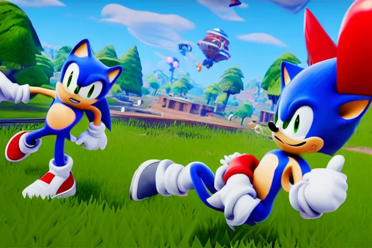 Image similar to sonic dancing in fortnite, gameplay