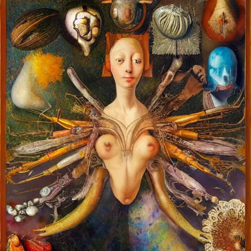 Prompt: an oil painting by arcimboldo, by georgia o keeffe, by botticelli, by giger, by frank frazetta, by gustave moreau, by seurat, seen through a kaleidoscope, vanity, broken, nerve system, medical, jewels, nebula, space, tonalism, merged