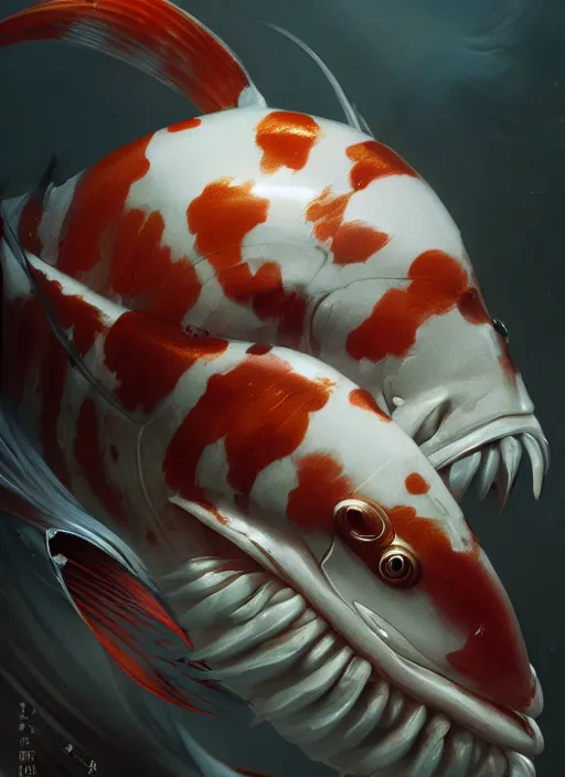 Image similar to subsurface scattering, white, koi, samurai with face armor, by jesper ejsing, justin gerard, tomasz alen kopera, cgsociety and fenghua zhong, highly detailed, rim light, cinematic lighting, illustration, art, octane render, very coherent, cinematic, hyper realism, high detail, octane render, 8 k