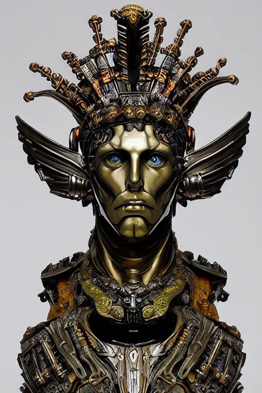 Prompt: a dramatic full-color art nouveau and ironpunk styled bust portrait of a godlike and stoic alien king, with strong judging eyes, extremely detailed, art nouveau cybenetic engraved armor and intricately detailed angel-winged crown of cosmic power, perfectly symmetrical facial structure and framework, handsome yet brutal alien facial features of ancient swarth, by simon bisley, michael kaluta and travis charest, dark sci-fantasy, deeply ornate complexity, male face and bust, human anatomy mixed with cosmic alien and cyborg characteristics, sci-fi character concept, photorealism, art nouveau framing, stunning lighting, hyperrealism, 8k