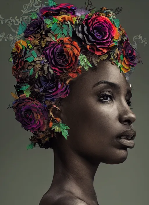 Prompt: a beautiful black woman's face in profile made of leaf and floral 🌹💐 skeleton, in the style of the dutch masters and gregory crewdson, colorful hair, dark and moody aesthetic, 8 k, matte, intricate detail, hyper detailed, surrealism, fantasy, elegant,