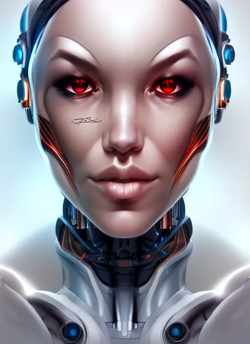 Prompt: portrait of a cyborg woman by Artgerm (rotation face *100), biomechanical, hyper detailled, trending on artstation