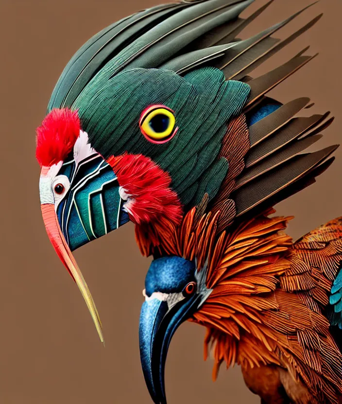 Image similar to a high resolution realistic photo portrait of a birdlike sculpture creature made of birds merged, creature wrinkles pheasant, feathers exotic morphing hoopoe, morphing wings king vulture head