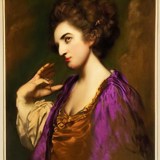 Image similar to electric purple by joshua reynolds ornate. a beautiful experimental art. she looks up at me, up & down. she has short - cropped hair, & a scar on her left cheekbone : just a line of black against her deep tan, precise & geometrical. her eyes are pale green.