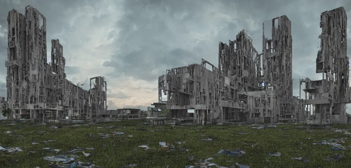 Prompt: an extremely detailed cathedral of brutalist architecture by Le Corbusier, abandoned buildings, empty streetscapes, surrounded by lush green vegetation, stunning volumetric lighting, sunset, rusted metal, concrete, translucent material, stunning skies, scattered rubbish and debris, 8k, photorealistic, hyper detailed, unreal engine 5, IMAX quality, cinematic, epic lighting, digital painting in the style of DOOM and Quake, by Greg Rutkowski, trending on Artstation