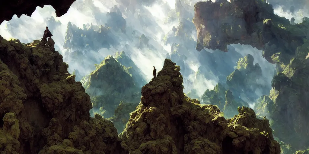 Image similar to huge cave ceiling clouds made of green earth towns, villages castles, buildings inverted upsidedown mountain artstation illustration sharp focus sunlit vista painted by ruan jia raymond swanland lawrence alma tadema zdzislaw beksinski norman rockwell tom lovell alex malveda greg staples