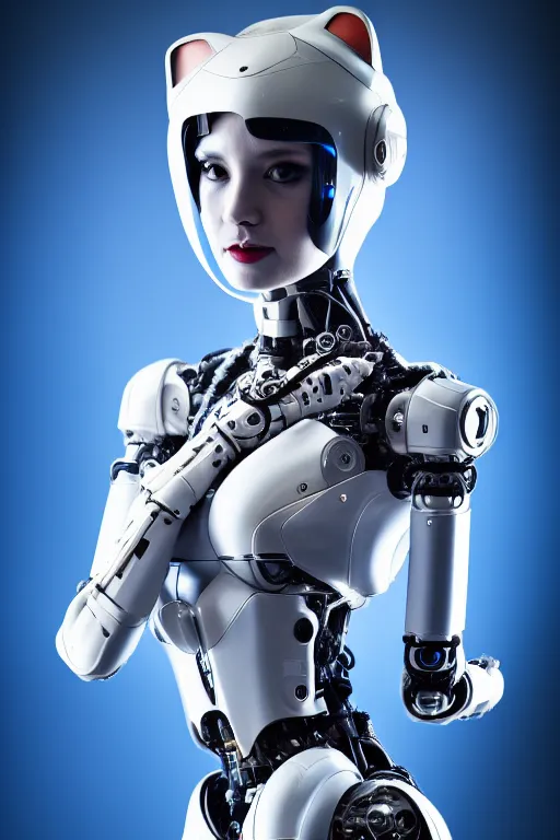 Image similar to cybernetic ultra high tech female robot with cat ears, neo - rococo, sci - fi, cyberpunk, high tech, futurism, exoskeleton, symmetry, cinematic, elegant, luxury, perfect light, perfect composition, dlsr photography, sharp focus, 8 k, ultra hd, sense of awe, highly detailed, realistic, intricate, science journal cover