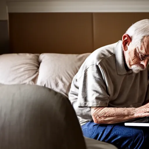 Image similar to elderly man sitting inside a casket browsing internet on laptop from a casket casket