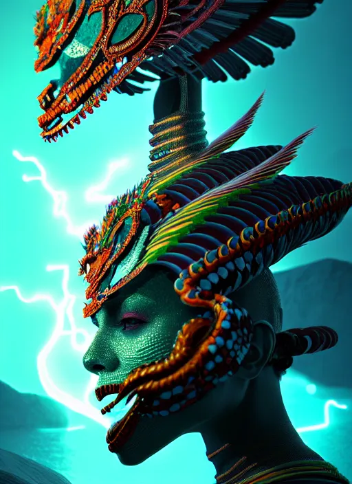 Image similar to 3 d mexican goddess profile portrait. beautiful intricate highly detailed quetzalcoatl helmet and feathers. low - key lighting, bioluminescent, plasma, lava, ice, water, wind, creature, thunderstorm! artwork by tooth wu and wlop and beeple and greg rutkowski, 8 k trending on artstation,