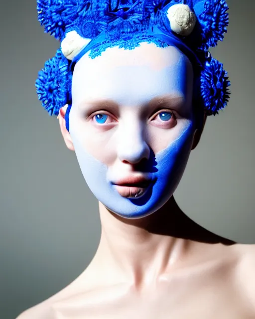 Image similar to symmetrical close - up portrait of a woman wearing a blue silicone embroidered beauty mask and hair buns, wearing a black bodysuit by alexander mcqueen, cream white background, soft light, biotechnology, humanoide robot, bjork aesthetic, translucent, by rineke dijkstra, intricate details, highly detailed, masterpiece,