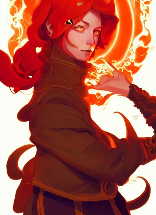 Image similar to style artgerm, joshua middleton, illustration, john krasinski as alchemist artificer wearing orange pelt light armor, anime eyes, red hair, swirling fire flames cosmos, fantasy, dnd, cinematic lighting