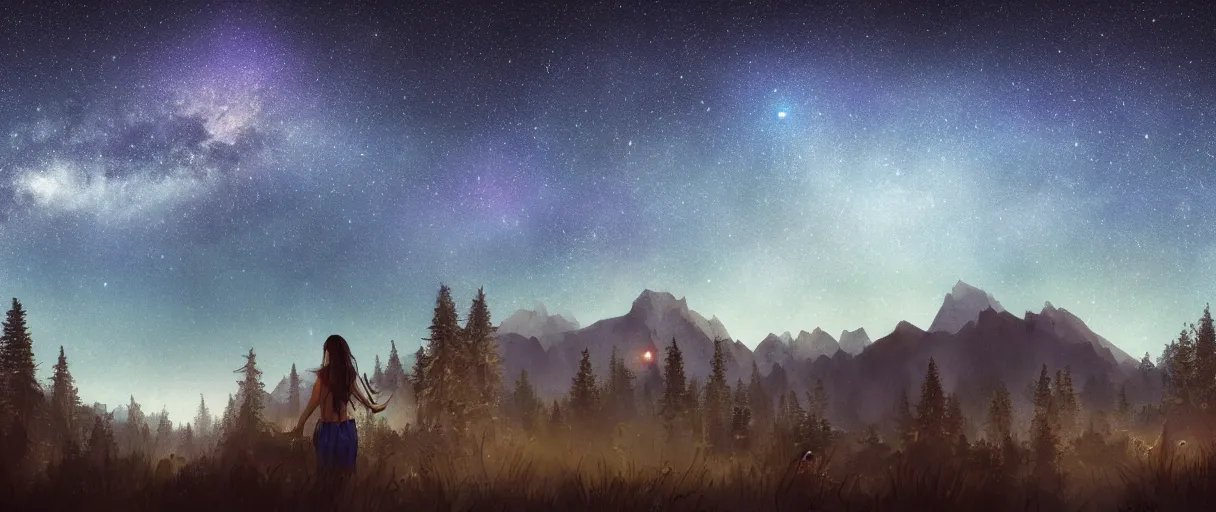 Image similar to digital photography of a ultra detailed night sky with constellations, detailed very beautiful native American girl with short hair swimming in a blue pool, Perseides meteor shower, ultra detailed hill top over behind a forest, large mountains in back, concept art, low angle, high detail, warm lighting, volumetric, vivid, beautiful, trending on artstation, by Jordan Grimmer, no focus, huge scene, ultra detailed trees, F11 aperture, in the style of JIM RICHARDSON