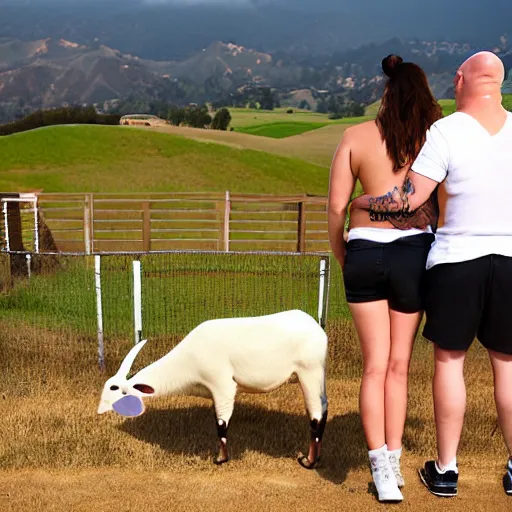 Image similar to portrait of a young chunky bald white male tattoos and his young white female brown hair wife with tattoos. male is wearing a white t - shirt, tan shorts, white long socks. female is has long brown hair and a lot of tattoos. photo taken from behind them overlooking the field with a goat pen. rolling hills in the background of california and a partly cloudy sky