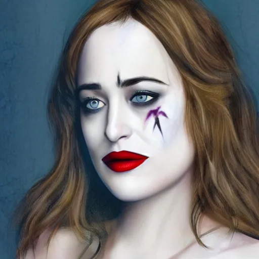 Image similar to beautiful dakota johnson with joker makeup, highly detailed, realistic face, detailed face, amazing digital art