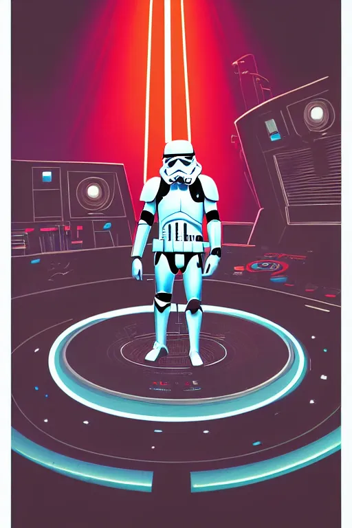 Image similar to closeup portrait of stormtrooper dj standing on a giant science fiction turntable in a dj booth, syd mead, dan mumford, moebius, detailed illustration, digital art, neon, isometric, symmetrical, comic book