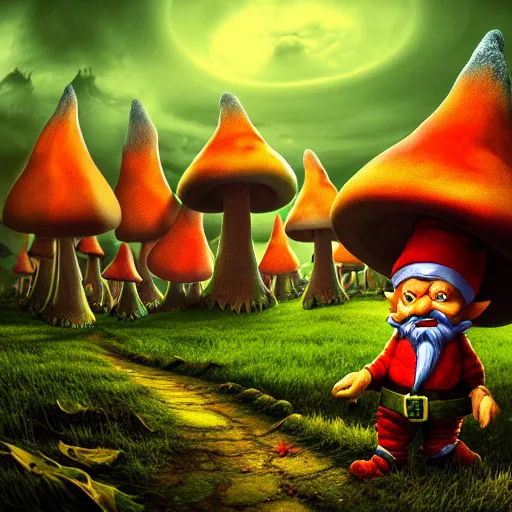 Image similar to a portrait of a scary evil nightmare gnomes in a poison mushroom village, highly detailed, digital photo, hdri, by christopher bretz and john carpenter, vivid colors, high contrast, 8 k resolution, intricate, photorealistic, smooth, psychedelic color scheme, concept art, award winning, cg society contest winner