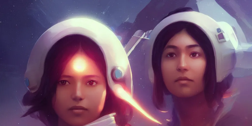 Image similar to Young Himalayan woman piloting a space shuttle, somber white eyes, long ashy hair, gentle lighting, dim lighting, digital art by Makoto Shinkai ilya kuvshinov and Wojtek Fus, digital art, concept art,