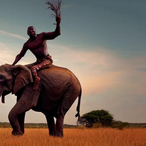 Prompt: film still of matrix, extreme wide shot of an tribal african man riding an elephant alone on the savannah, extreme long shot, 4 k, award winning