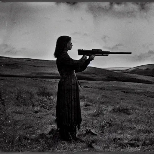 Prompt: pastoral eerie. a woman has a rifle. there are ravens in the sky. folk horror. hyperrealistic