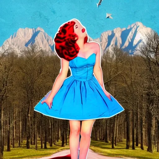 Image similar to giant alice in wonderland, pin up, houses, trees, mountains, woman, city, digital art, photo, blue dress, collage