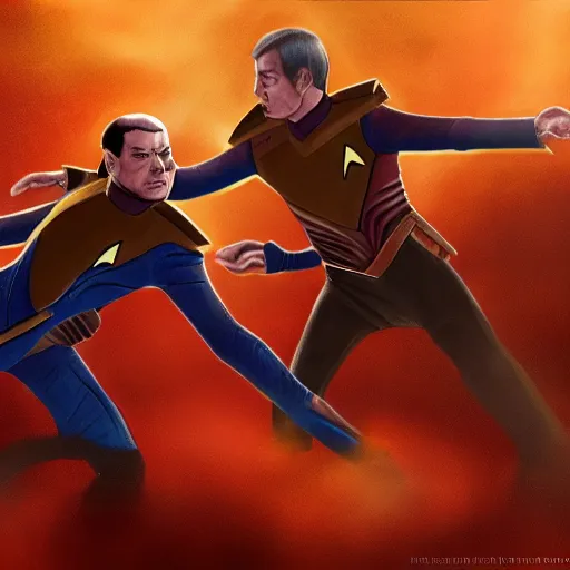 Prompt: a picture of tuvix from star trek fighting his doppleganger, star trek, intricate, highly detailed, digital painting, artstation, concept art, 4 k