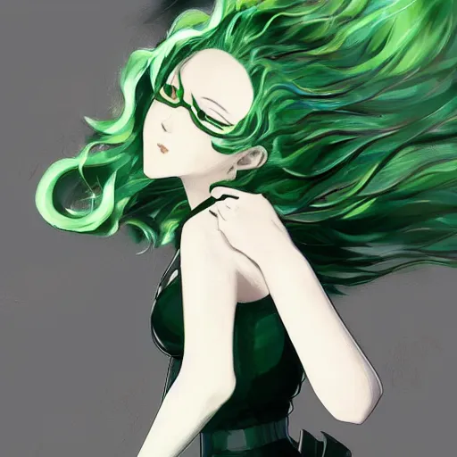 Prompt: painting of tatsumaki from one punch man, green wavy hair, black dress, cool color palette, refreshing, soft lighting, fine details, digital painting, pretty face, light and shadow effects, dynamic pose, by cushart krenz, by makoto shinkai