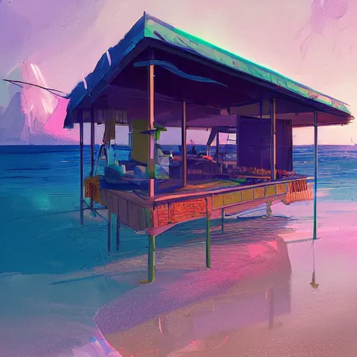 Prompt: a tropical beach shack by james gilleard and liam wong and jeremy mann