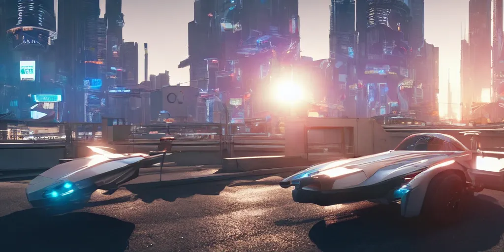 Image similar to photorealistic Flying Cars on cyberpunk roads. daylight. sunlight. lens flare. light fixtures. 8K. detailed. photorealism. artstation. 25mm f/1.7 ASPH Lens. ultra realistic H 768