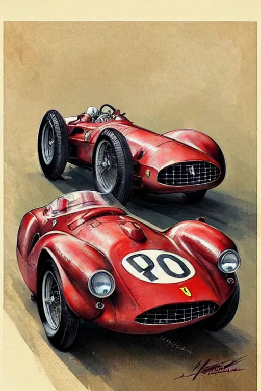 Image similar to (((((1950s racing Ferrari . muted colors.))))) by Jean-Baptiste Monge !!!!!!!!!!!!!!!!!!!!!!!!!!!