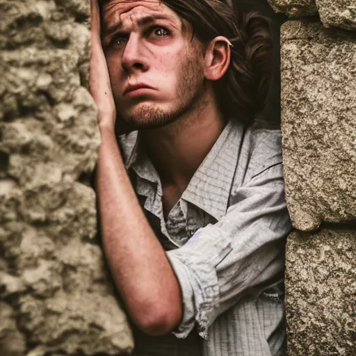 Prompt: Portrait of an utterly terrified young man on the verge of panic tears in 1930s attire with long hair cornered against a stone wall. He looks utterly panicked and distressed. 4K sigma 85mm