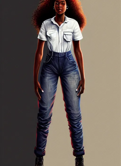 Image similar to full body portrait of young black woman as a firewoman, white t - shirt and denim overalls, intricate, beautiful and elegant, highly detailed, digital painting, artstation, concept art, smooth, sharp focus, illustration, art by wlop, mars ravelo and greg rutkowski