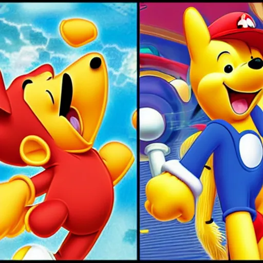 Image similar to photograph of winnie the pooh and super mario and sonic the hedgehog anime style, on pokemon card packs at target