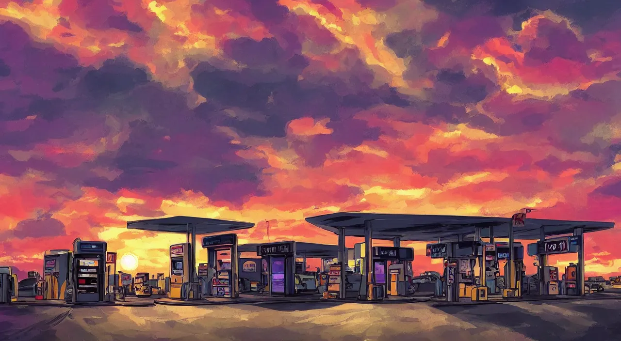 Image similar to gas station roadside south west sunset sky beautiful artstation 4 k breathtaking graphic novel concept art illustration cartoon by jack kirby