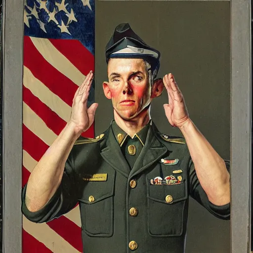 Image similar to frontal portrait of a soldier giving a military salute, but doing the loser hand gesture, by Norman Rockwell