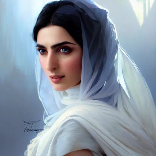 Prompt: a Photorealistic dramatic hyperrealistic,Crystal blue eyes arab ameera al taweel with black hair, white veil, elegant, fashion, by WLOP,Artgerm,Greg Rutkowski,Alphonse Mucha, Beautiful dynamic,shadows,Artstation,concept design art,Octane render,8K