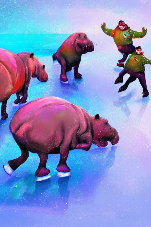 Image similar to colorful hippos ice skating, digital art, artstation trending, digital painting