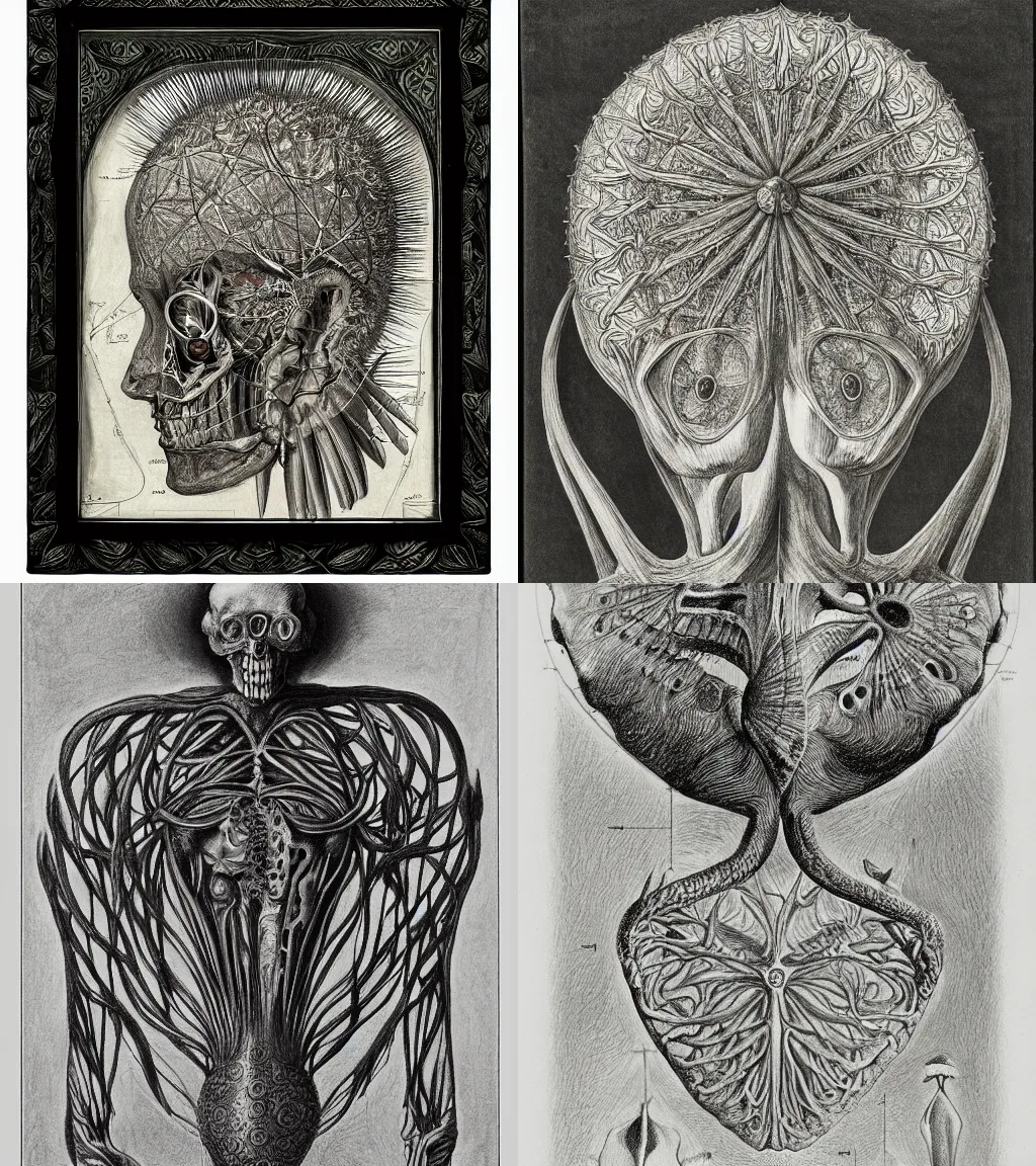 Prompt: anatomical sketch of nevermore by max ernst haeckel and tiffany bozic