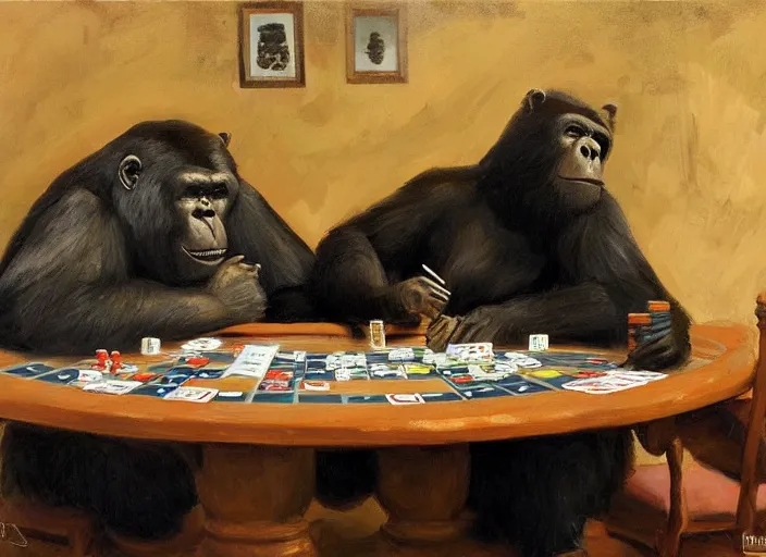 Prompt: gorrila and a bear playing poker, highly detailed beautiful, by gregory manchess, james gurney, james jean