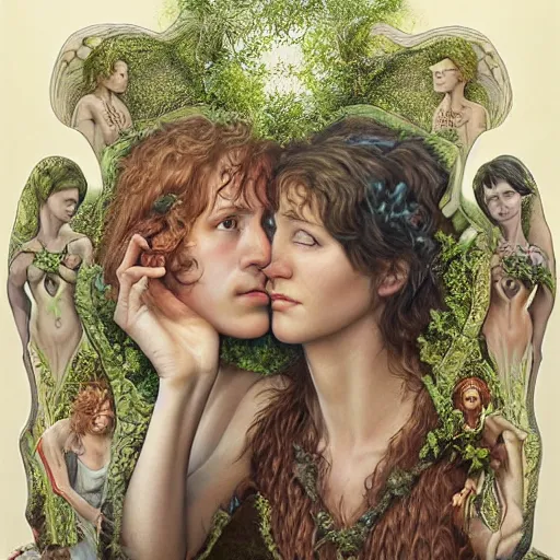 Image similar to realistic detailed face portraits and fully body poses the creation of adam and eve by emilia dziubak, will terry, greg olsen, chris mars, ann long, and mark brooks, fairytale, art nouveau, victorian, neo - gothic, character concept design, smooth, extremely sharp detail, finely tuned detail, story book design, storybook layout
