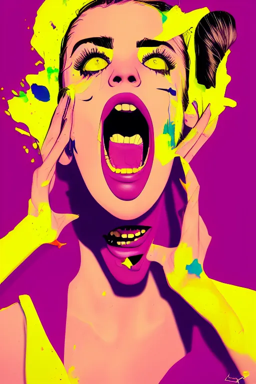 Image similar to girl screamin yolo - aesthetic, smooth painting, remove, every seed with ultra details, 4 k, illustration, comical, acrylic paint style, pencil style, torn cosmo magazine style, pop art style, ultrarealism, by mike swiderek, jorge lacera, ben lo, tyler west