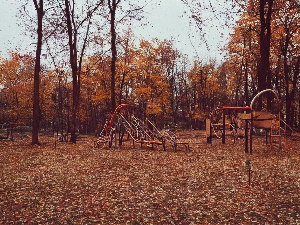 Image similar to a lomographic photo of abandoned playground of moscow, autumn, cinestill, bokeh