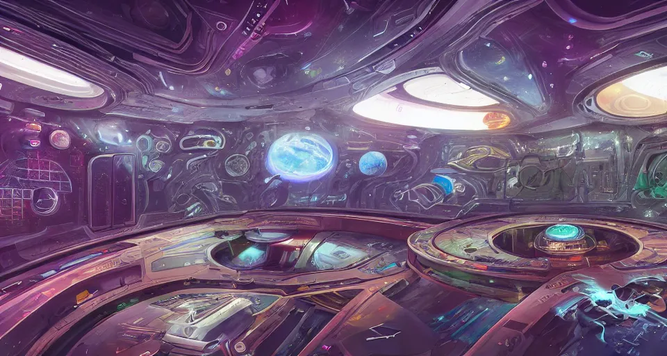 Image similar to A beautiful artwork illustration, inside of an alien ship, cluttered with charts, images, and holograms of planets, featured on artstation, wide angle, horizontal orientation