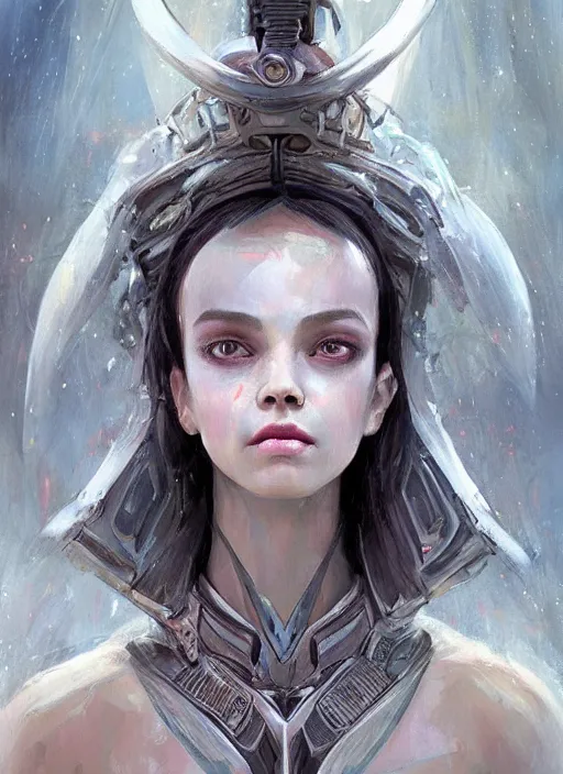 Image similar to a professional painting of a beautiful young female alien, clothed in ethereal armor, olive skin, long dark hair, beautiful bone structure, symmetrical facial features, intricate, elegant, digital painting, concept art, smooth, sharp focus, illustration, from Valerian and the City of a Thousand Planets, by Ruan Jia and Mandy Jurgens and Artgerm and William-Adolphe Bouguerea