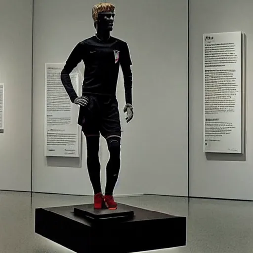 Image similar to “ a realistic detailed photo of a guy who is an attractive humanoid who is half robot and half humanoid, who is a male android, soccer player antoine griezmann, shiny skin, posing like a statue, blank stare, at the museum, on display ”