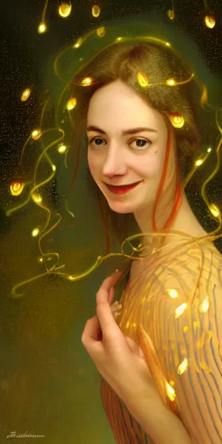 Image similar to a totally enraptured smiling young woman surrounded by golden firefly lights in a mesmerizing scene, sitting amidst nature fully covered! intricate detailed dress, long loose red hair, precise linework, accurate green eyes, small nose with freckles, beautiful smooth oval head, expressive emotions, hyper realistic ultrafine portrait by artemisia gentileschi, jessica rossier, boris vallejo